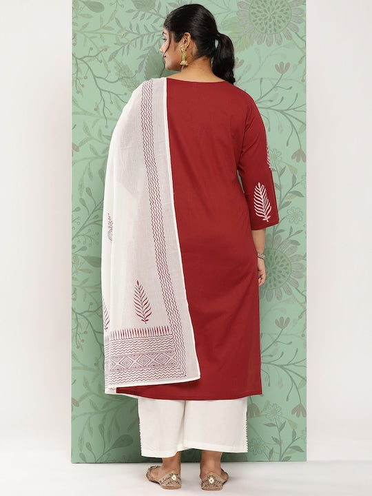 Yufta Plus Size Ethnic Motifs Embroidered Pure Cotton Kurta with Palazzos & With Dupatta Maroon