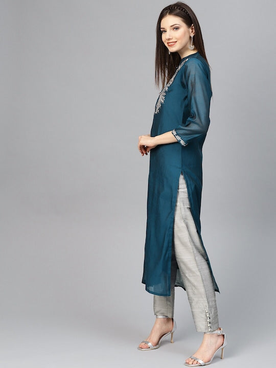 Varanga Women Navy Blue & Grey Ethnic Motifs Embroidered Handloom Kurta with Palazzos