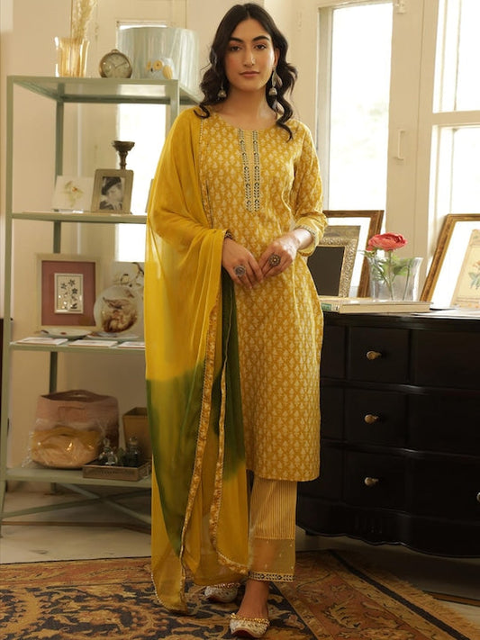 SCAKHI Women Yellow Ethnic Motifs Sequinned Pure Cotton Kurta with Palazzos & With Dupatta