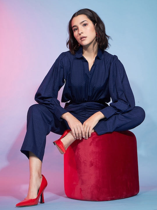 Mitera Navy Blue Ethnic Motifs Woven Design Elasticated Crop Top With Trousers
