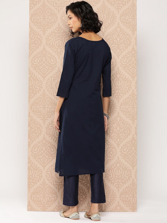 Yufta Floral Embroidered Chikankari Cotton Kurta Navy Blue