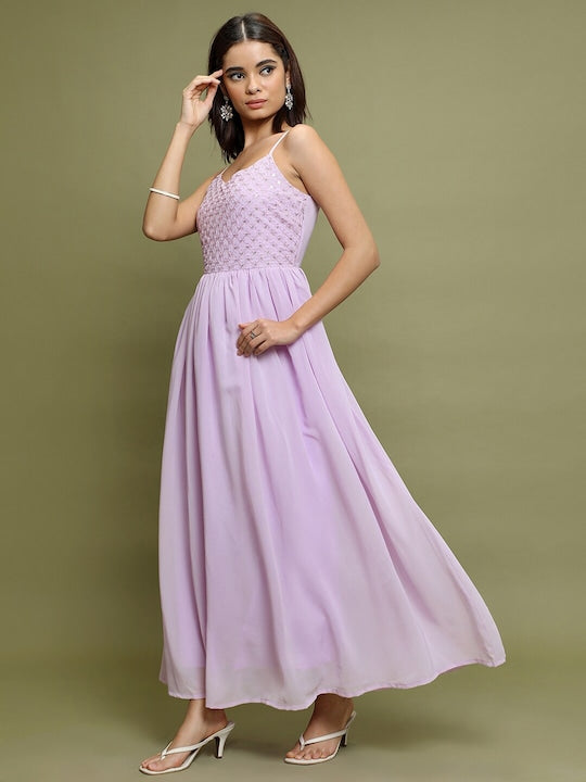 Vishudh Lavender Embellished Fit & Flare Maxi Dress