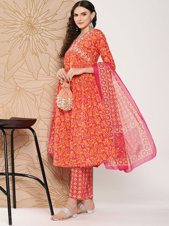 Yufta Women Floral Printed Regular Sequinned Pure Cotton Kurta with Trousers & Dupatta