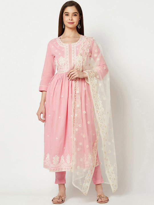 IMARA Ethnic Motifs Embroidered Chikankari Pure Cotton Kurta with Trousers & With Dupatta