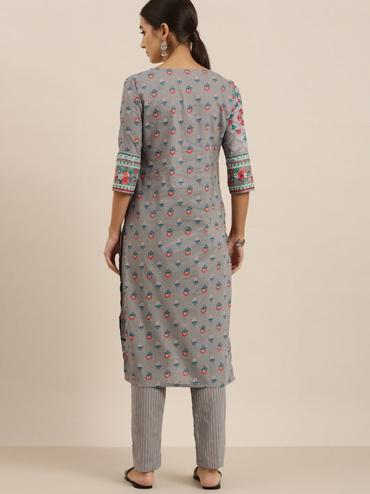 Vishudh Women Grey Printed Cotton Kurta with Trousers