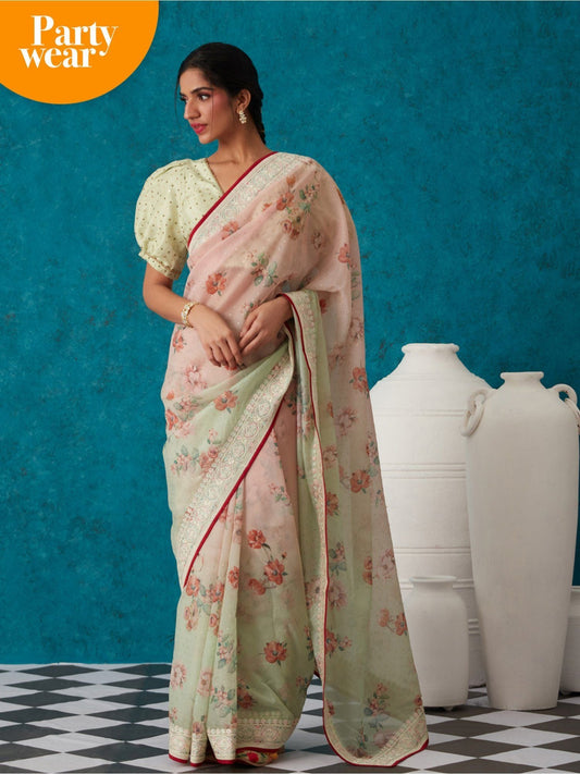 Likha Peach & Green Organza Printed & Sequined Saree with Unstitched Blouse LIKSAR16 (Free Size)