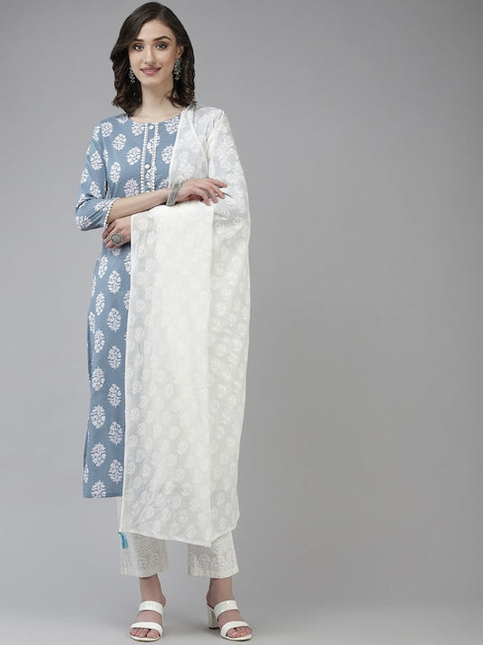 Yufta Women Blue Ethnic Motifs Printed Pure Cotton Kurta with Trousers & Dupatta