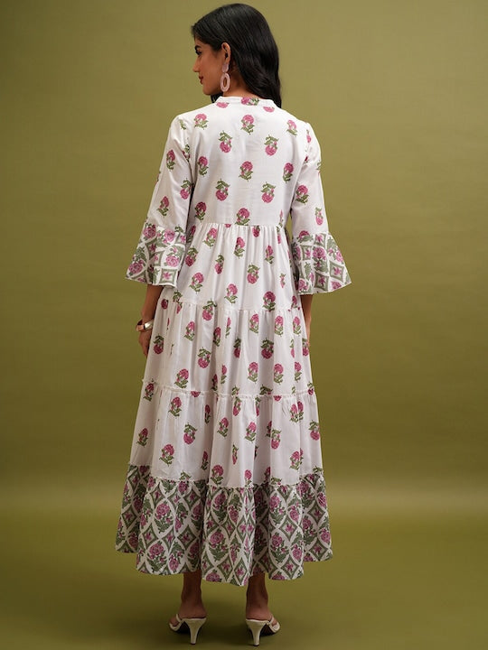 Vishudh White Floral Printed Mandarin Collar Bell Sleeves Tiered Maxi Dress