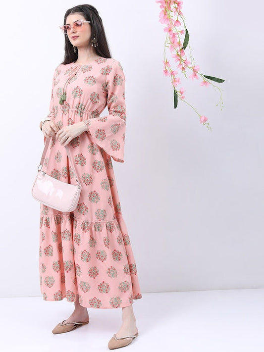 Vishudh Peach-Coloured Floral Print Bell Sleeve Maxi Dress