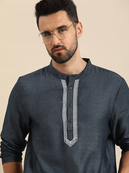 Anouk Men Grey & White Embroidered Pure Cotton Kurta