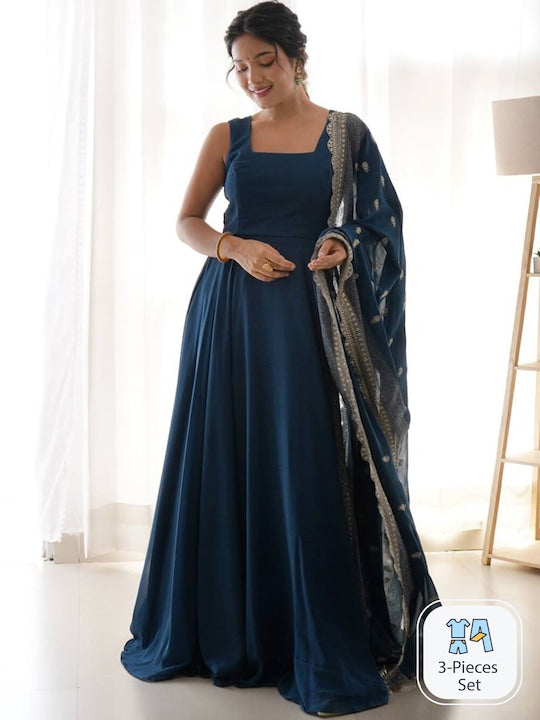 Fusionic Shoulder Straps Gown Ethnic Dresses With Dupatta