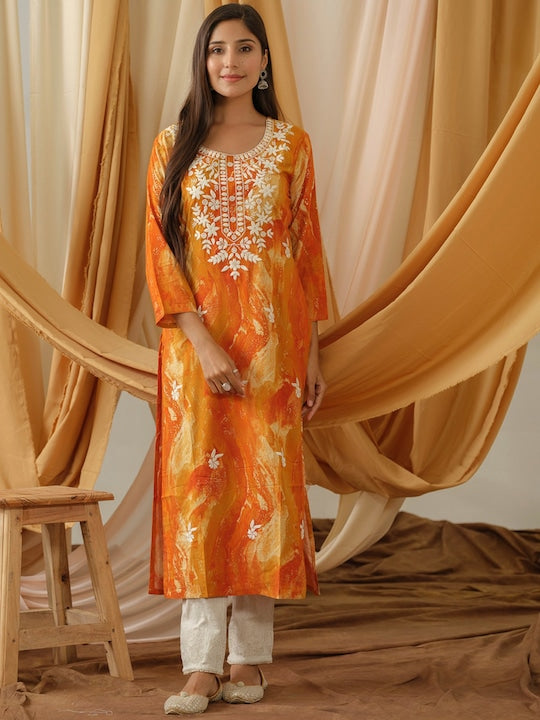 Sangria Abstract Printed Round Neck Straight Kurta