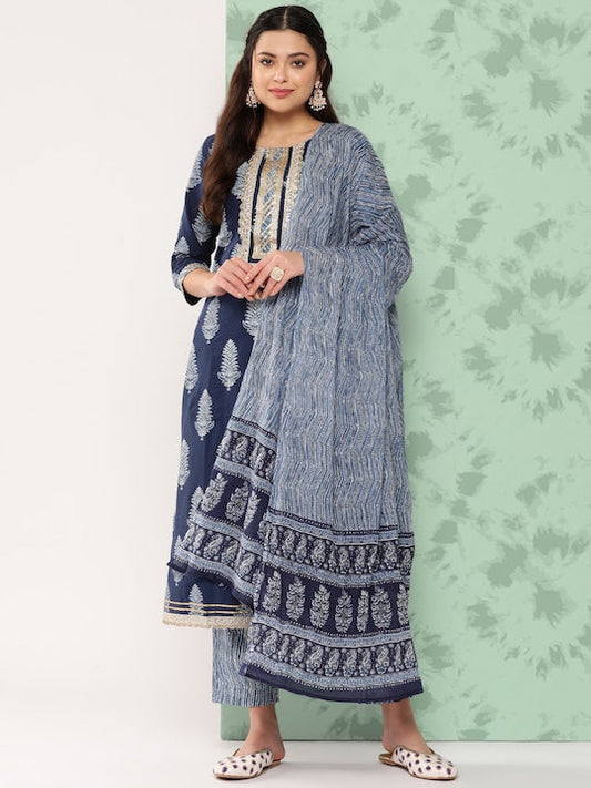 Yufta Ethnic Motifs Printed Thread Work Pure Cotton Kurta with Trousers & With Dupatta - S