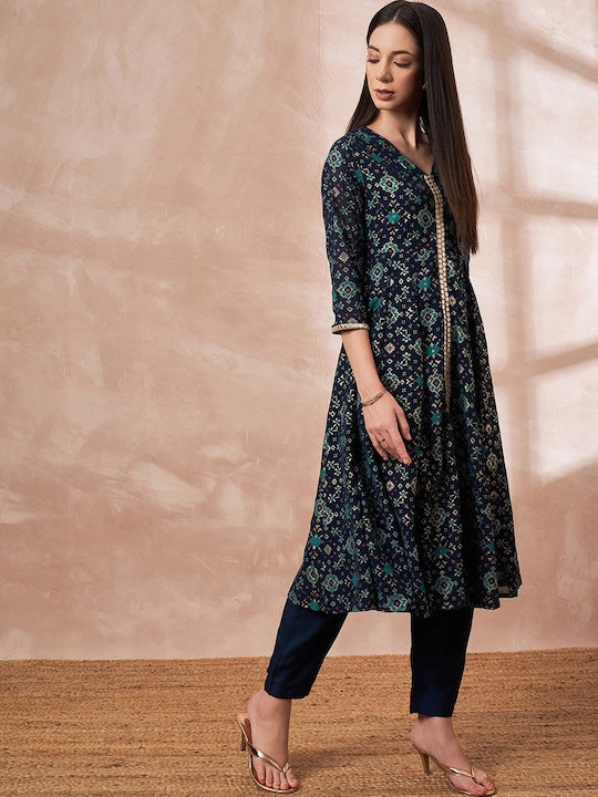 All about you Ethnic Motifs Printed A-line Kurta With Trousers