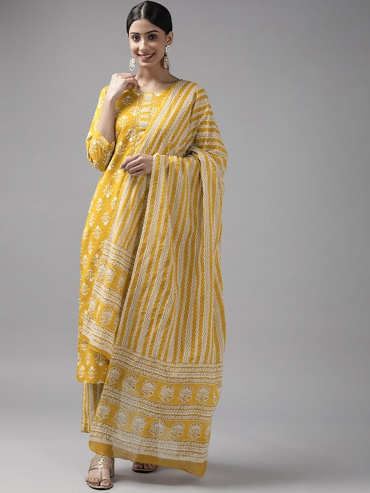 Yufta Women Mustard Yellow Floral Printed Pure Cotton Kurta with Trousers & With Dupatta