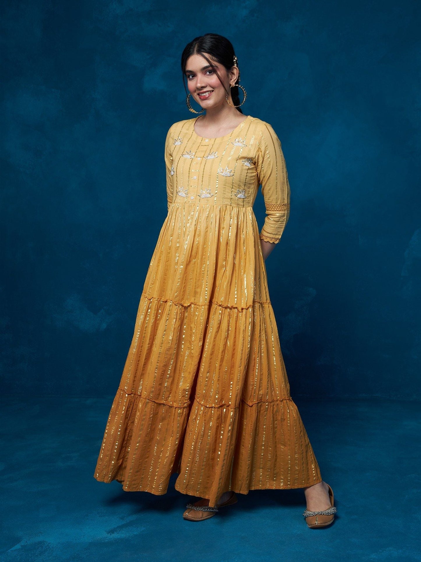 Likha Yellow Stripes Hand Embroidered Bead Work Tiered Dress