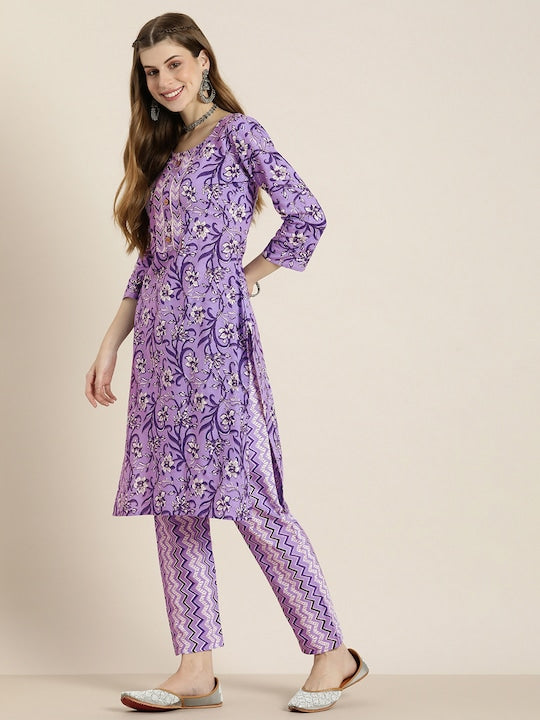 Here&now Women Floral Printed Gotta Patti Pure Cotton Kurta with Trousers