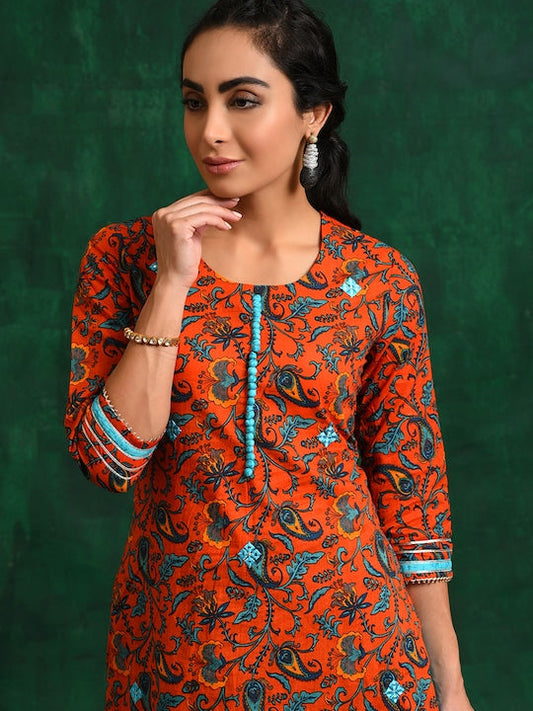 AKS Floral Printed Gotta Patti Pure Cotton Kurta with Trousers