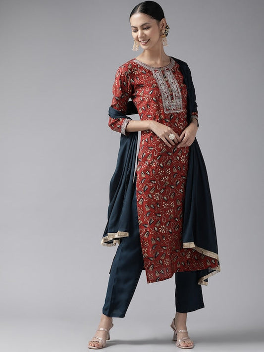 Yufta Women Rust Floral Yoke Design Thread Work Kurta with Trousers & With Dupatta