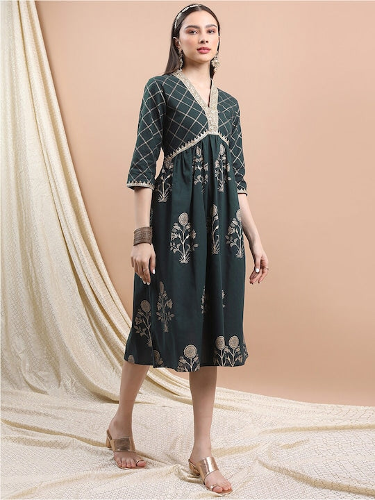 Vishudh V-Neck Floral Printed Sequined Fit & Flare Ethnic Dress