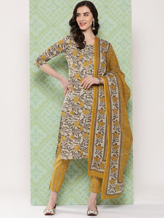 Yufta Women Floral Printed Regular Kurta with Trousers & Dupatta - XXL