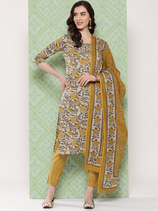 Yufta Women Floral Printed Regular Kurta with Trousers & Dupatta - XXL