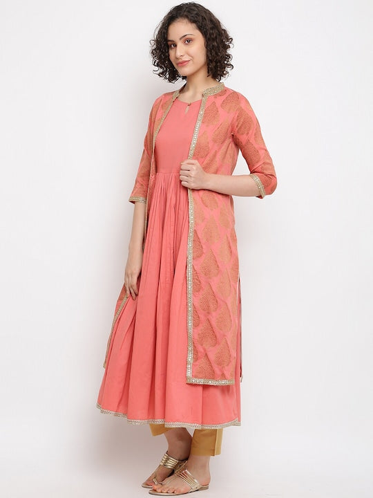 IMARA Keyhole Neck Anarkali Kurta With Ethnic Motifs Woven Design Jacket