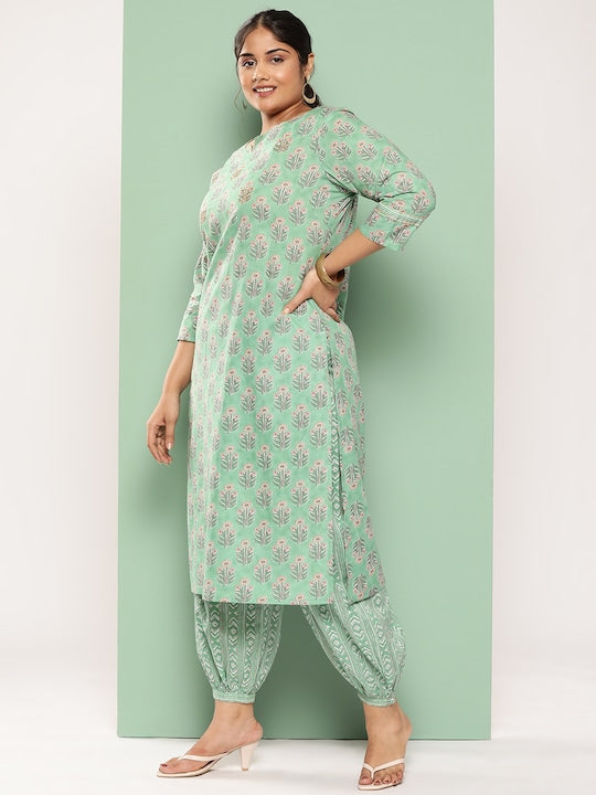 Yufta Women Plus Size Floral Printed Pure Cotton Kurta with Harem Pants & With Dupatta