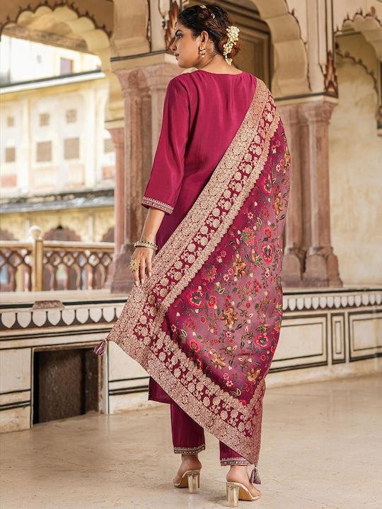 Scakhi Floral Embroidered Regular Kurta with Trousers & Dupatta