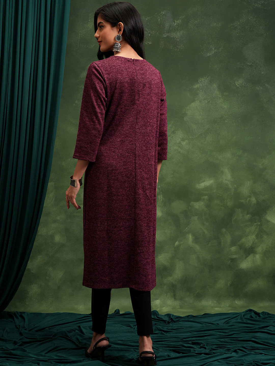 Vishudh Maroon Abstract Printed Mukaish Straight Kurta