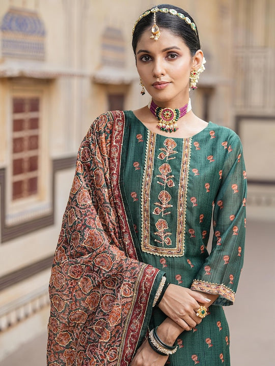 Scakhi Ethnic Motifs Embroidered Chanderi Silk Kurta With Trousers & Dupatta