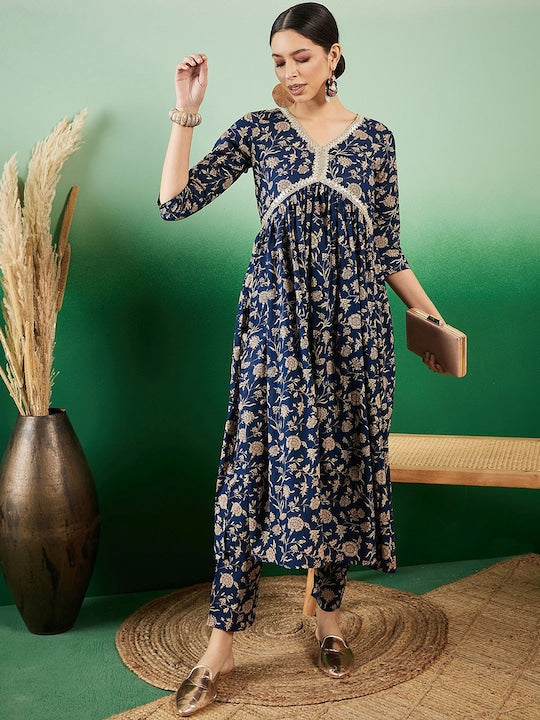Sangria Jaal Printed Pure Cotton A-Line Kurta With Trousers Kurta