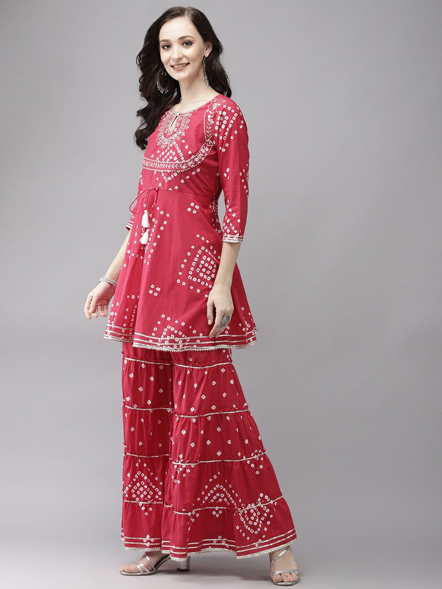 ISHIN womens Cotton Blend Red Embroidered Anarkali Peplum Kurta Sharara Dupatta (Set of 3)
