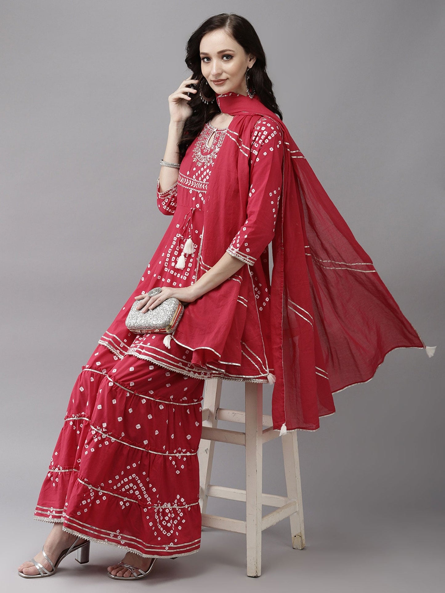 ISHIN womens Cotton Blend Red Embroidered Anarkali Peplum Kurta Sharara Dupatta (Set of 3)