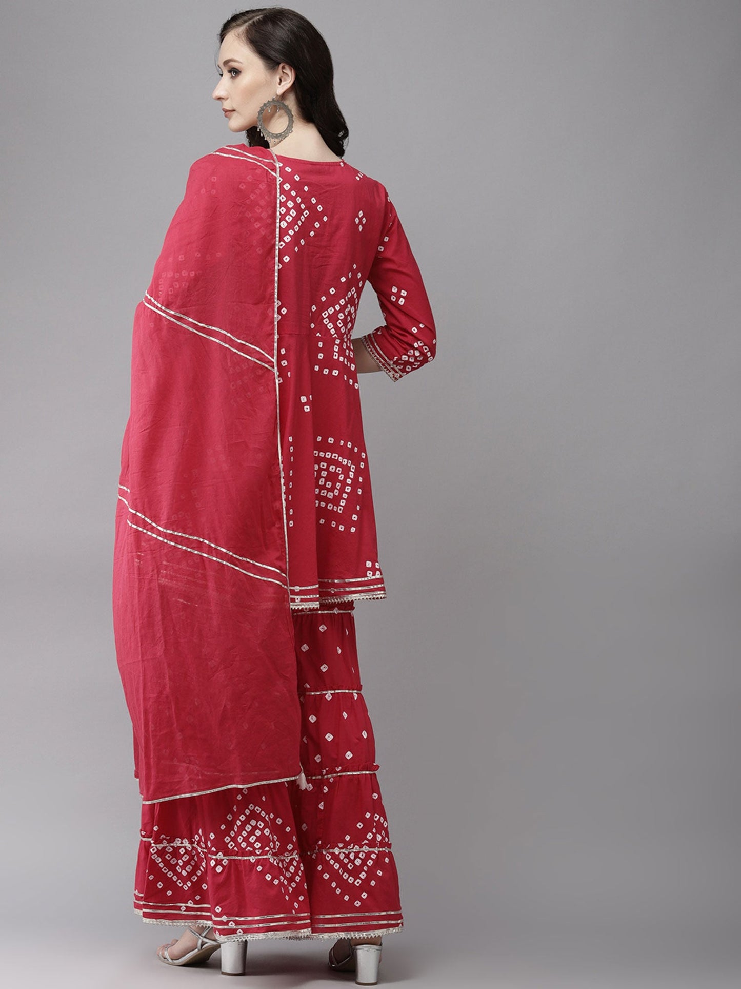 ISHIN womens Cotton Blend Red Embroidered Anarkali Peplum Kurta Sharara Dupatta (Set of 3)