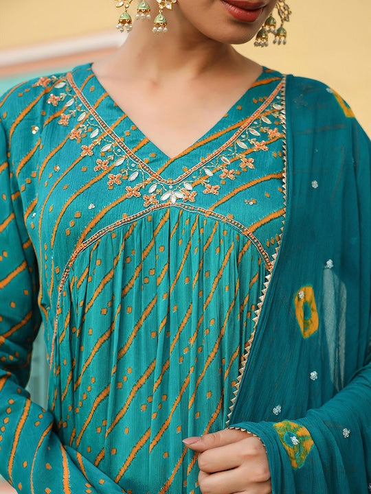 Scakhi Bandhani Printed Empire Mirror Work Kurta With Patiala & Dupatta