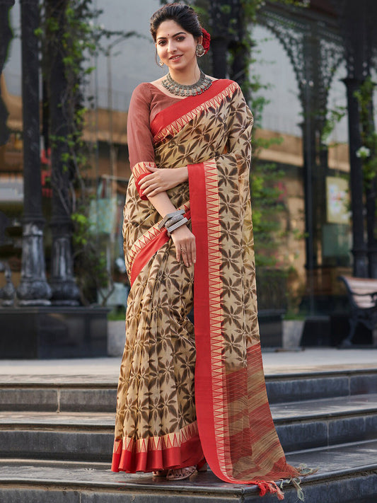 Saree mall Floral Linen Blend Block Print Sarees