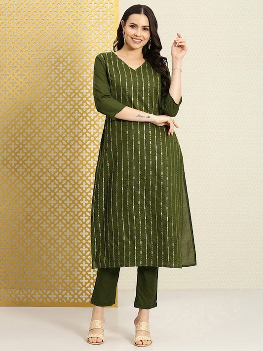 House of Pataudi Women Striped Sequinned Pure Cotton Kurta with Trousers Set