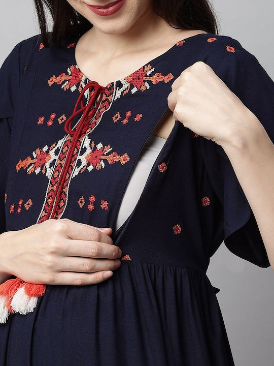 MomToBe Yoke Design Tie Up Neck Thread Work Maternity A-Line Kurta