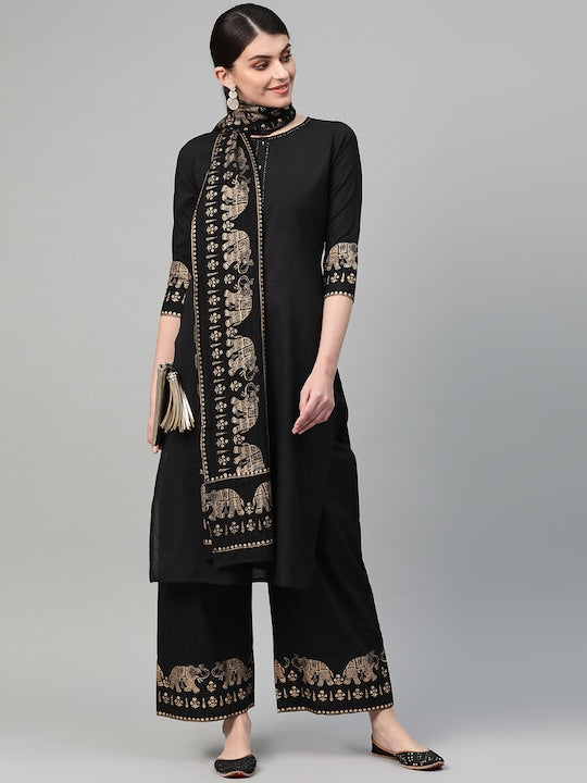 Yufta Women Black & Golden Solid Kurta with Palazzos & Dupatta