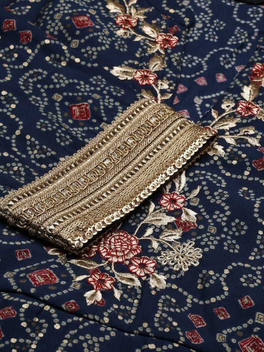 IMARA Ethnic Motifs Printed Thread Work Anarkali Kurta with Trousers