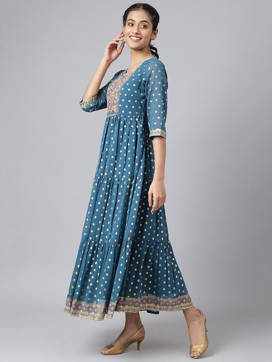 Aurelia Blue Ethnic Motifs Maxi Dress