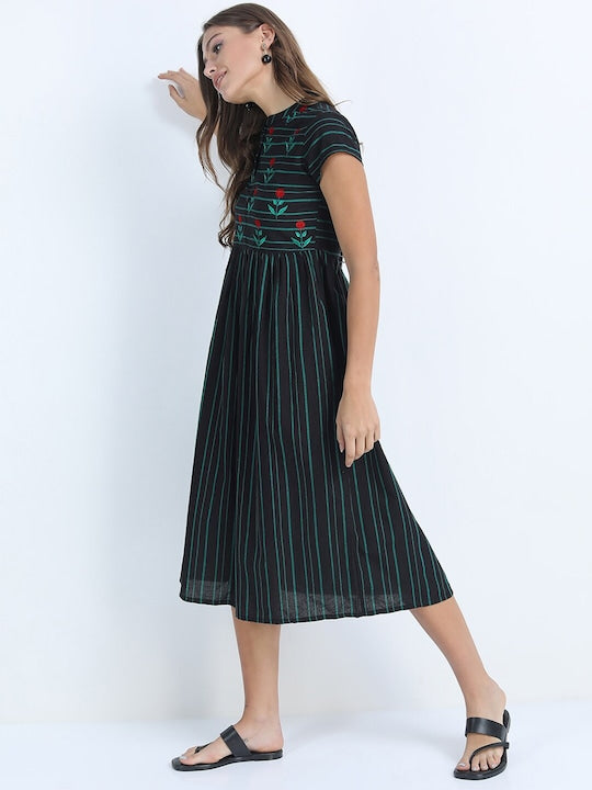 Vishudh Black & Green Striped Ethnic Midi Dress