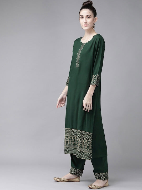 Yufta Women Green Ethnic Motifs Printed Kurta with Trousers & Dupatta