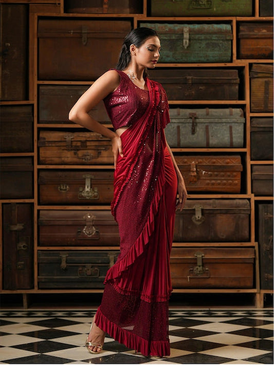 Scakhi Red Embellished Sequined Ready to Wear Saree - XL