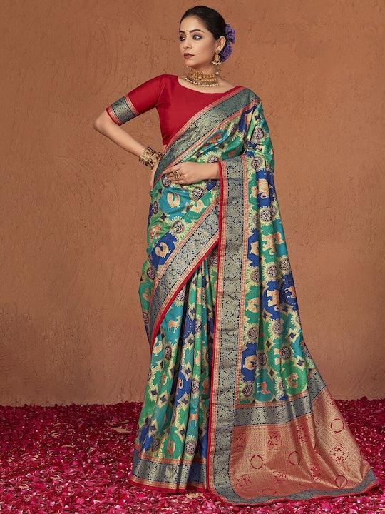 Satrani Ethnic Motifs Printed Zari Pure Silk Banarasi Saree