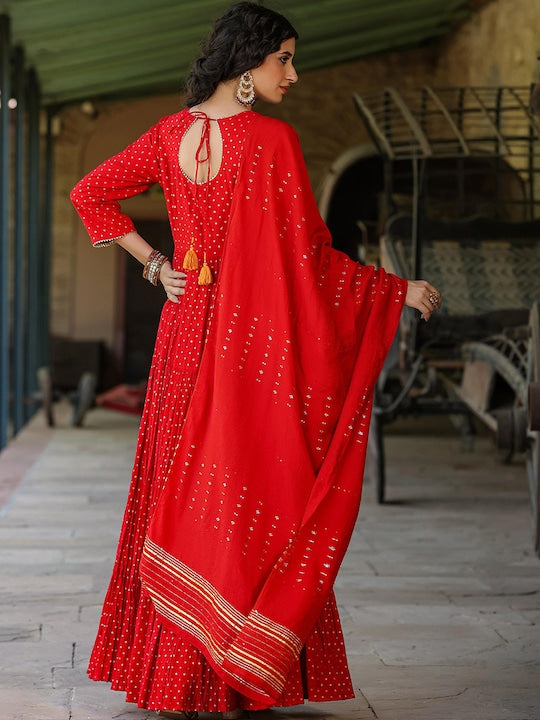 Scakhi Embellished Fit & Flare Tiered Cotton Jacquard Maxi Ethnic Dress With Dupatta