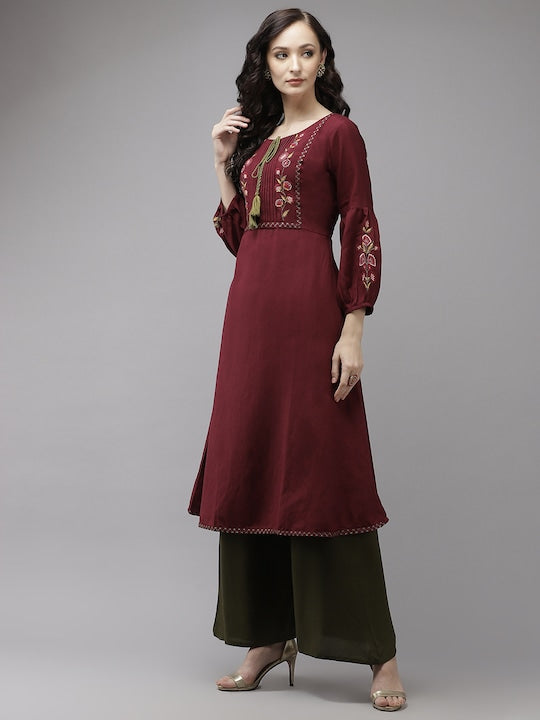 Yufta Women Maroon Floral Embroidered Thread Work Kurta