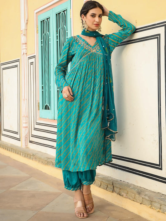 Scakhi Bandhani Printed Empire Mirror Work Kurta With Patiala & Dupatta