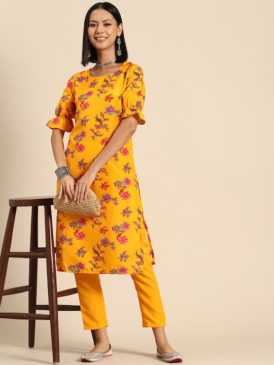 Sangria Floral Printed Puff Sleeve Kurta with Trousers